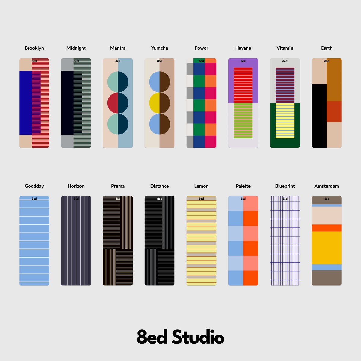 8ed Studioのストレッチマット一覧 左上からBrooklyn Midnight Mantra Yumcha Power Havana Vitamin Earth Goodday Horizon Prema Distance Lemon Palette Blueprint Amsterdam